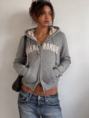 Y2K Abercrombie & Fitch Sherpa-Lined Logo Zip-Up Hoodie Large Streetwear